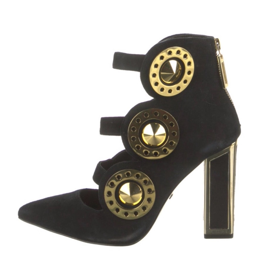 Kat Maconie Black Suede High Heel Pump with Gold Accent Hardware